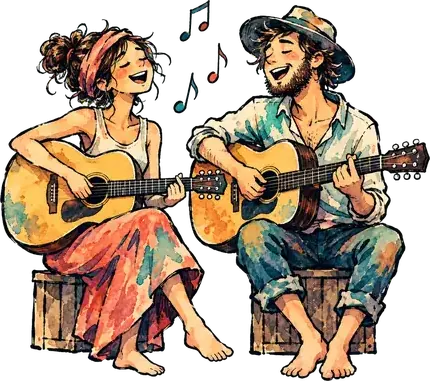 Zwei Erwachsene spielen Gitarre und singen